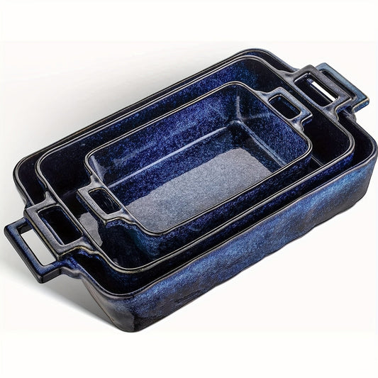 3pcs, Ceramic Bakeware Set, Porcelain Rectangular Lasagna Pans Casserole Dish Set For Kitchen, Cooking, Baking, Cake Dinner, Banquet And Daily Use, 15 X 8.5 Inches (Blue)