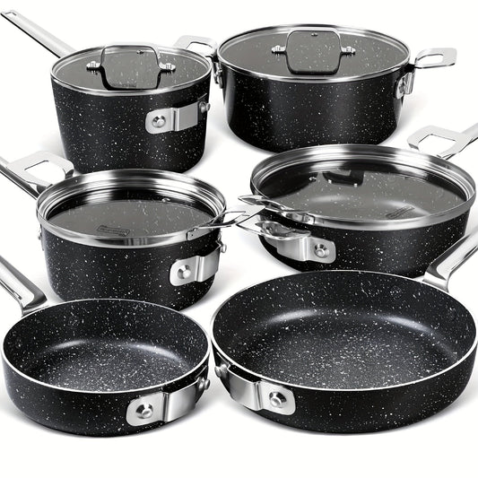 10pcs/set Stackable Pots And Pans Set, Nonstick Cookware Set With Stackable Design Saves 55% More Space, Non-Toxic Stackable Cookware Set With Nonstick Stone Coatings, For Home Kitchen And Restaurant, Home Supplies