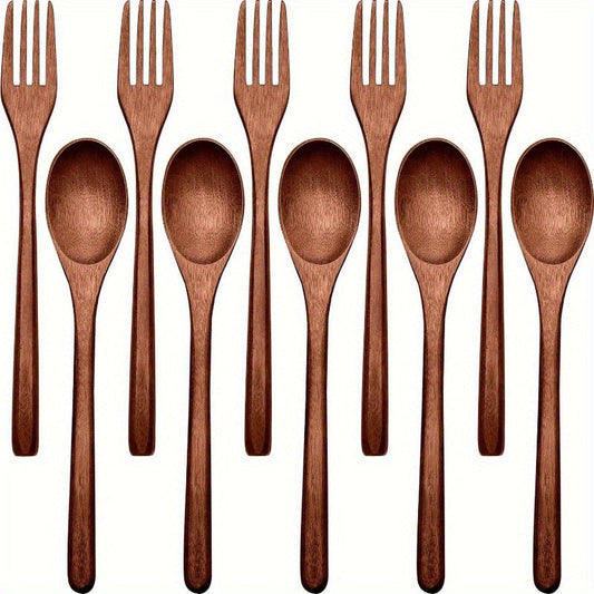 10pcs Wooden Spoons Forks Set Wood Dinner Utensil Set Reusable Wooden Cutlery Set Comfortable To Use and Easy To Wash Suitable for Dining Utensils Kitchen Utensils