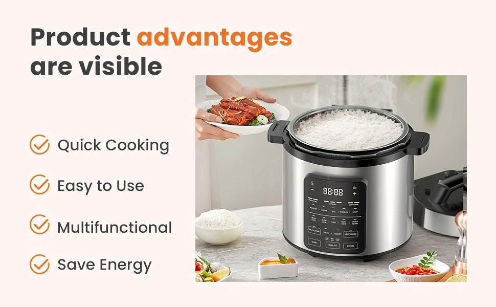 12-In-1 Electric Pressure Cooker 6 Quart, Slow Cook Rice Cooker with Safer Venting Design and Heating Protector, Steamer, Sauté, Yogurt Maker, Warmer & Sterilizer, Dishwasher Safe, Includes App with Over 800 Recipes, 1000W Stainless Steel