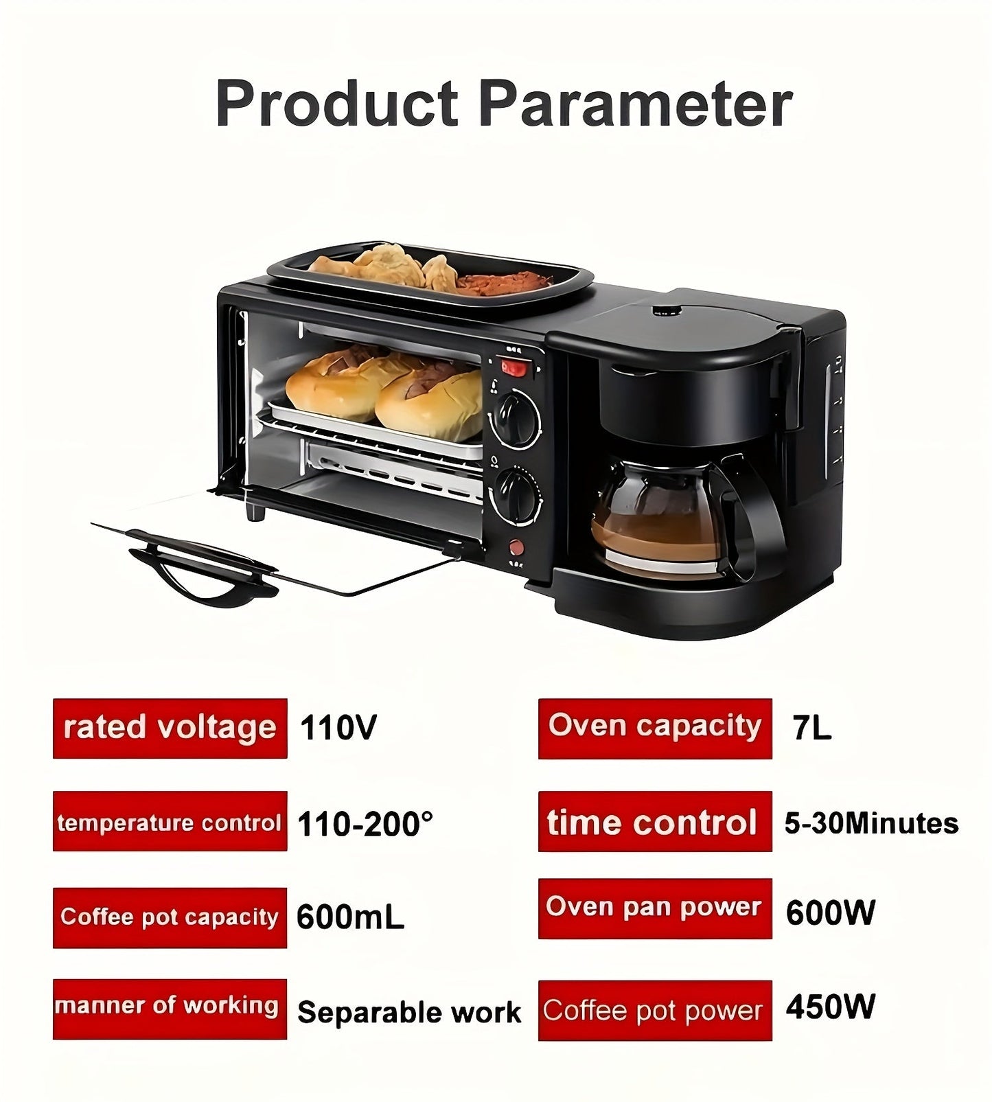 3-in-1 Multi-Functional With Timer Breakfast Station - Portable Toaster Oven With Non-Stick Die-Cast Grill/Griddle, Frying Pan, And Coffee Machine/Tea Kettle - Space-Saving, Compact Design For Easy Cooking And Cleaning