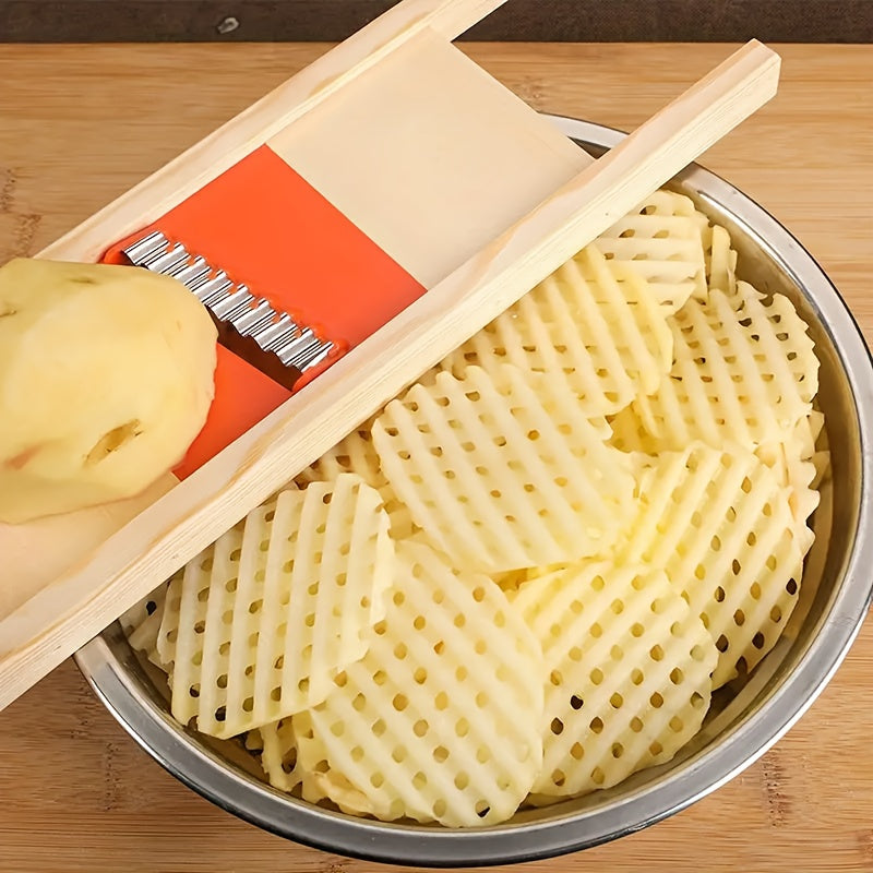 1pc Stainless Steel Wave Potato Slicer & Vegetable Cutter with Wooden Handle - Perfect for Crinkle Cut Fries, Red & Yellow, Food-Safe Kitchen Gadget, Potato Slicing Tool|Modern Kitchenware|Stainless Steel Blade, Vegetable Slicer And Chopper