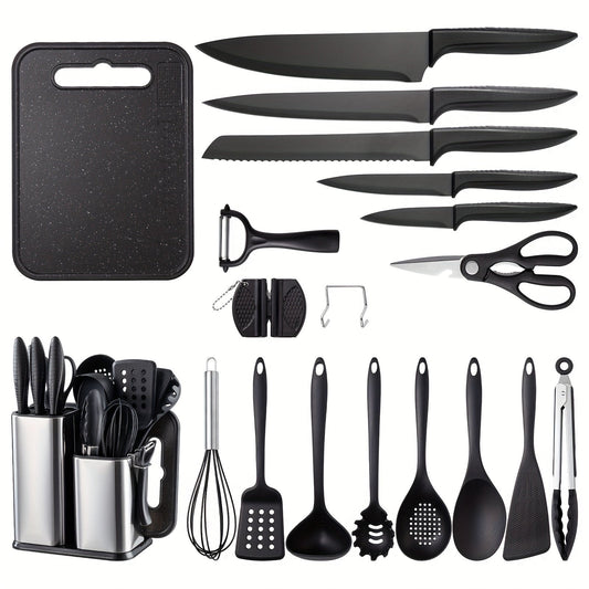 Kitchen Knife Silicone Kitchenware 19-piece Set, Black Titanium Plated High Carbon Steel Knife Set, Scissors, Cutting Board, Paring Knife, Stainless Steel Knife Holder, Knife Sharpener, Suitable For Kitchen And Restaurant, Dishwasher Safe