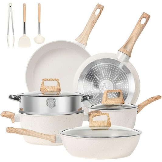 12/5 POTS And Pans Set, Non-stick Cookware Set, Induction Cookware Non-stick Granite Cooking Set, Including Frying Pan, Pan, Steamer, Silicone Spatula And Tongs