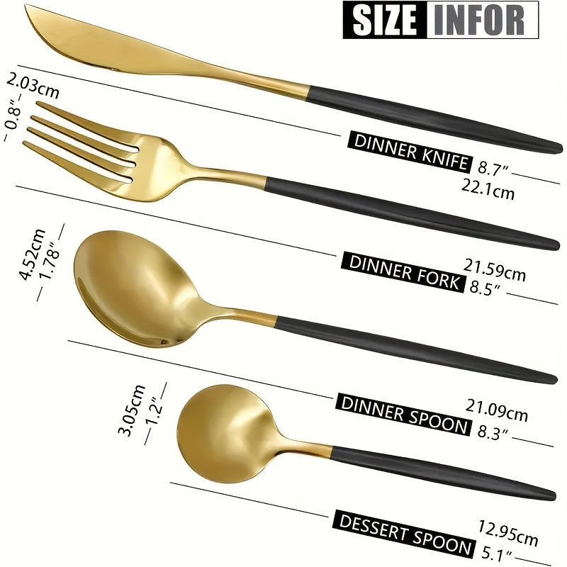 24pcs/set, 6-person Black And Gold Stainless Steel Cutlery Set, Including 6 Spoons, 6 Forks, 6 Knives And 6 Teaspoons, Suitable for Home And Restaurant Use, Dishwasher-safe, High-grade Steak Knife, Fork And Spoon for Weddings, Birthday Parties