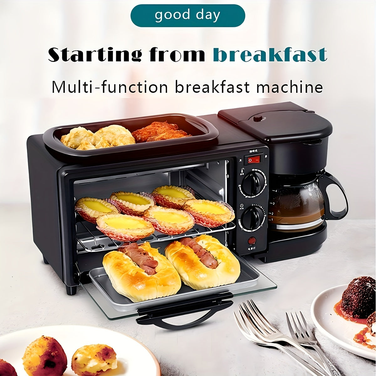 3-in-1 Multi-Functional With Timer Breakfast Station - Portable Toaster Oven With Non-Stick Die-Cast Grill/Griddle, Frying Pan, And Coffee Machine/Tea Kettle - Space-Saving, Compact Design For Easy Cooking And Cleaning