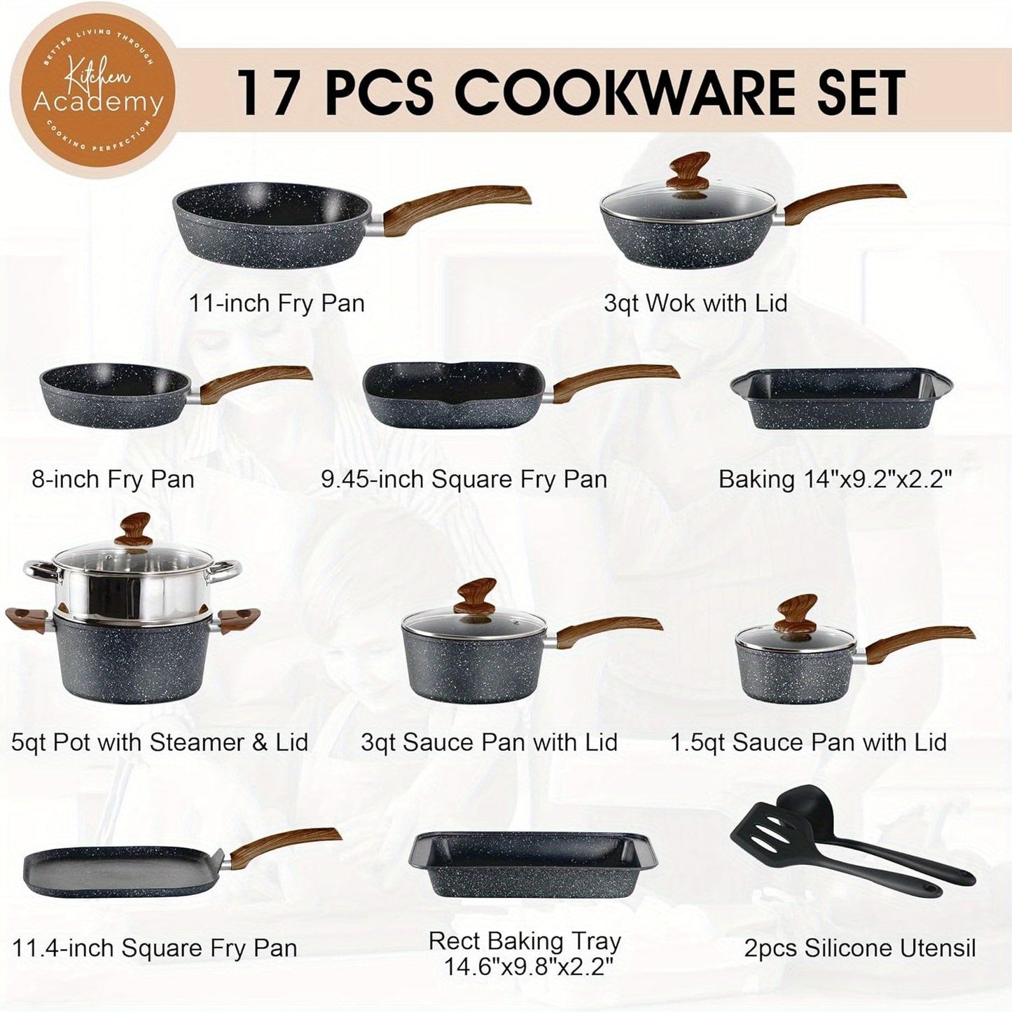 Kitchen Academy 17pcs Induction Cookware Set, Green Granite Pots and Pans Set, Nonstick Cooking Pans Set