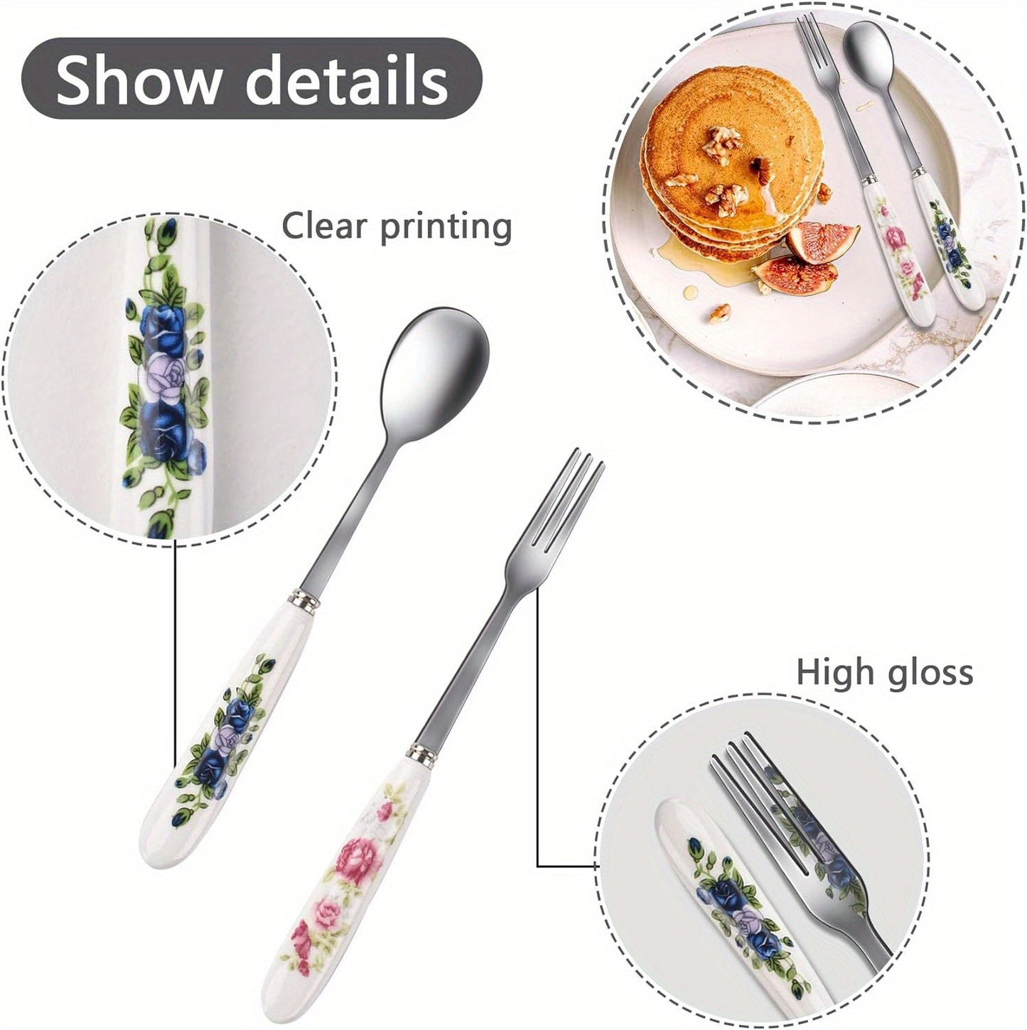 12pcs Floral Print Ceramic Handle Stainless Steel Cutlery Set, Polished Finish Flatware with Dessert Spoons and Forks for Home, Restaurant, Kitchen