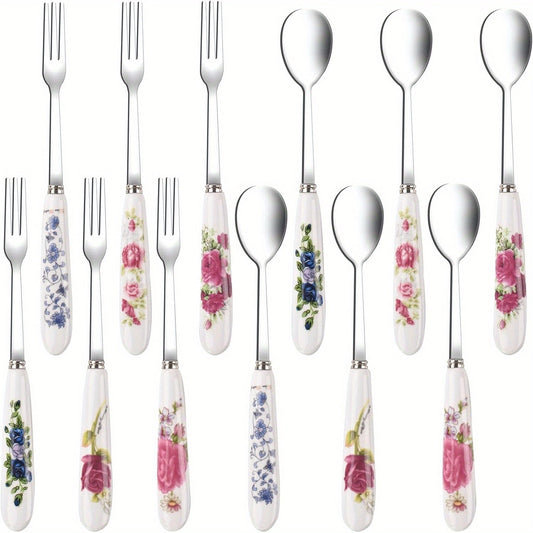 12pcs Floral Print Ceramic Handle Stainless Steel Cutlery Set, Polished Finish Flatware with Dessert Spoons and Forks for Home, Restaurant, Kitchen