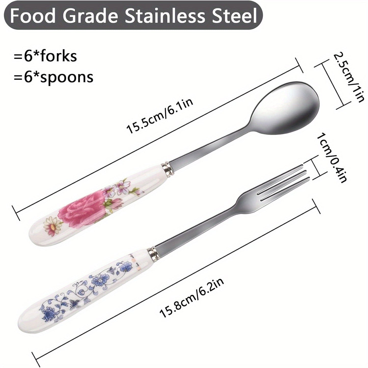 12pcs Floral Print Ceramic Handle Stainless Steel Cutlery Set, Polished Finish Flatware with Dessert Spoons and Forks for Home, Restaurant, Kitchen