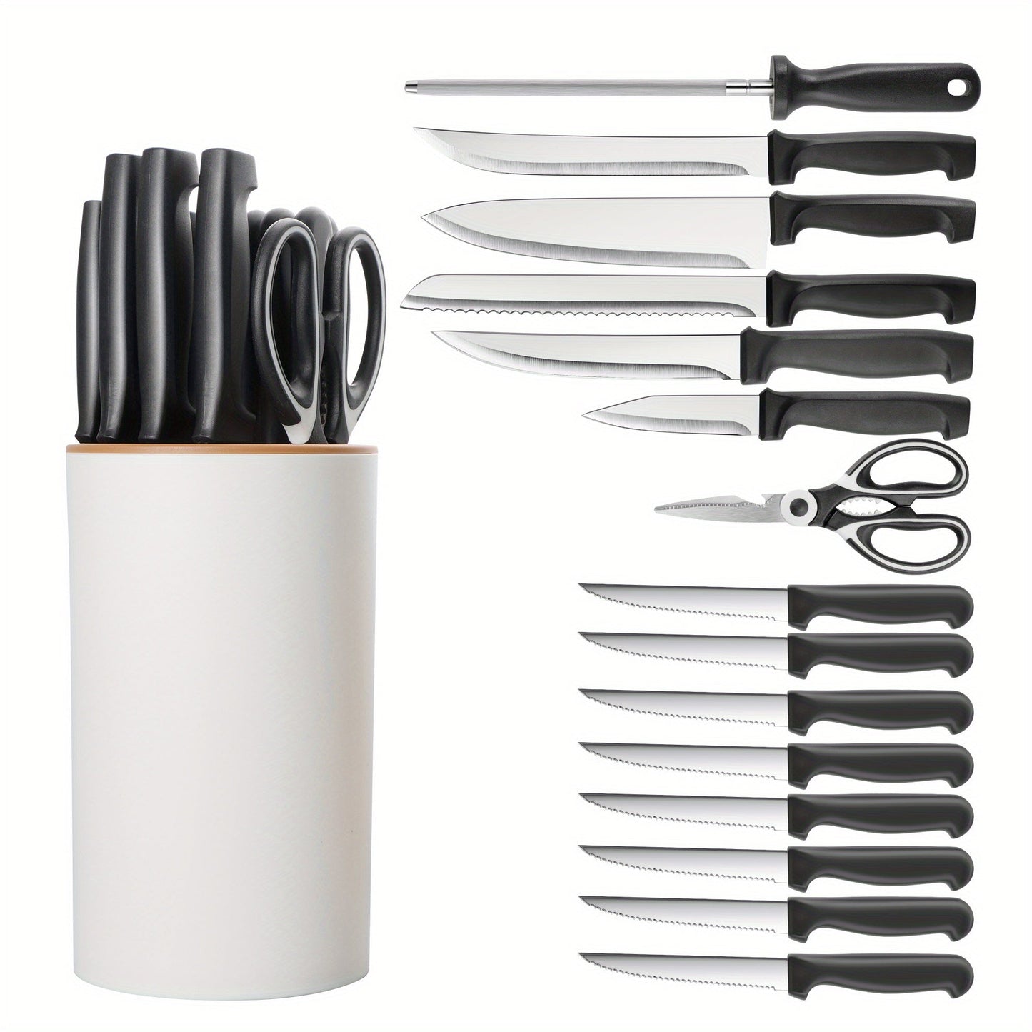 Kitchen Knife Set, 16 PCS Stainless Steel, Knives Set for Kitchen with Universal Knife Block, includes Multiple Variety of Knives, Scissor, Sharpener, All in One Knife Set, Nonstick and No Scratch, The Best Gift Black