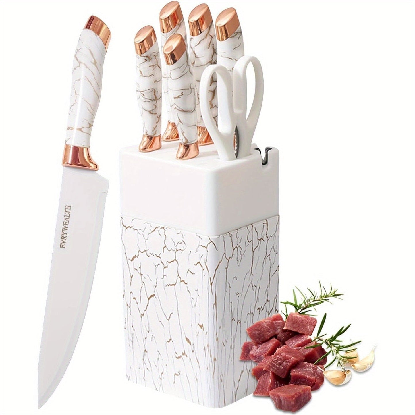 6pcs, Kitchen Knife Set, Knife With Block, Stainless Steel Knivese With Chef, Bread Knife, Kitchen Scissors For Cutting Meat Vegetables Fruit Bread, White