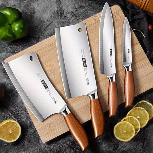 Quality stainless steel knife kitchen utensils set 4 pieces,, imitation wood handle, fruit knife, chef's knife, meat cutter, Bone cutting knife