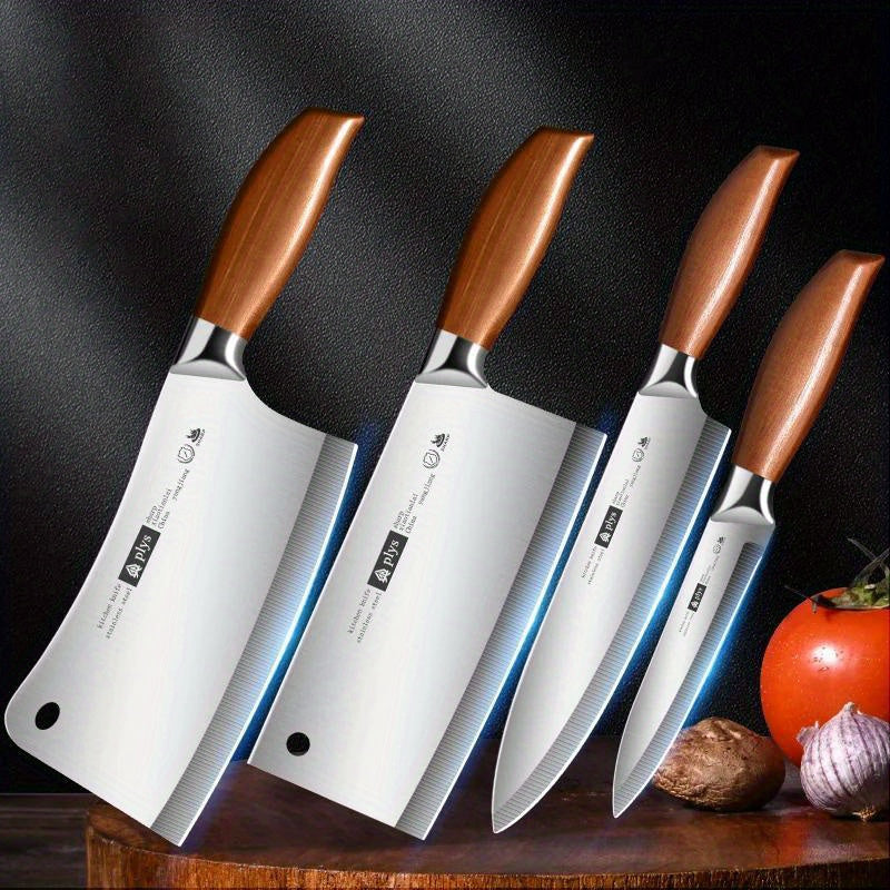 Quality stainless steel knife kitchen utensils set 4 pieces,, imitation wood handle, fruit knife, chef's knife, meat cutter, Bone cutting knife