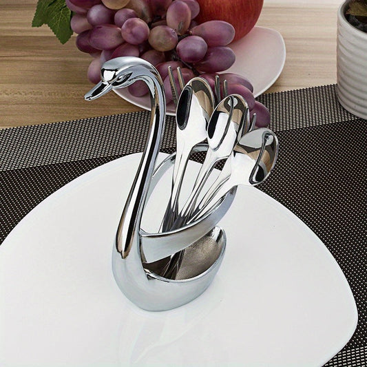 1 set of 7pcs Advanced Swan Shaped Stainless Steel Cutlery Set - Elegant design, durable material, includes forks and spoons, for dining and entertainment, ideal for home use