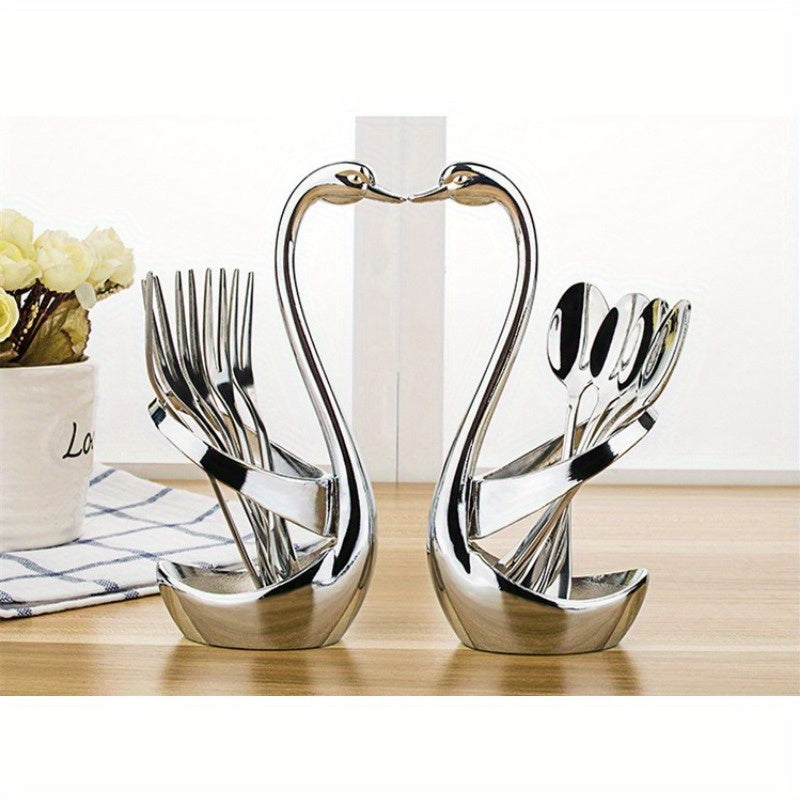 1 set of 7pcs Advanced Swan Shaped Stainless Steel Cutlery Set - Elegant design, durable material, includes forks and spoons, for dining and entertainment, ideal for home use