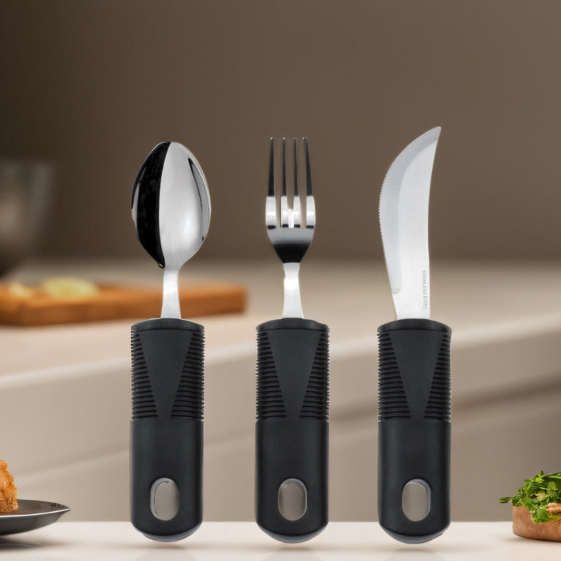 3PCS Adaptive Knife Fork Spoon Rehabilitation Food Aid Set Anti Shake With Handle Knife Fork Spoon Mini Knife Fork Spoon Set Multifunctional Restaurant And Kitchen Accessories Portable With Rehabilitation Food Tool Set