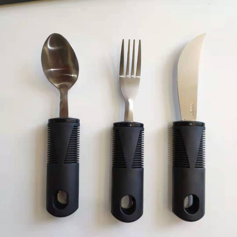 3PCS Adaptive Knife Fork Spoon Rehabilitation Food Aid Set Anti Shake With Handle Knife Fork Spoon Mini Knife Fork Spoon Set Multifunctional Restaurant And Kitchen Accessories Portable With Rehabilitation Food Tool Set