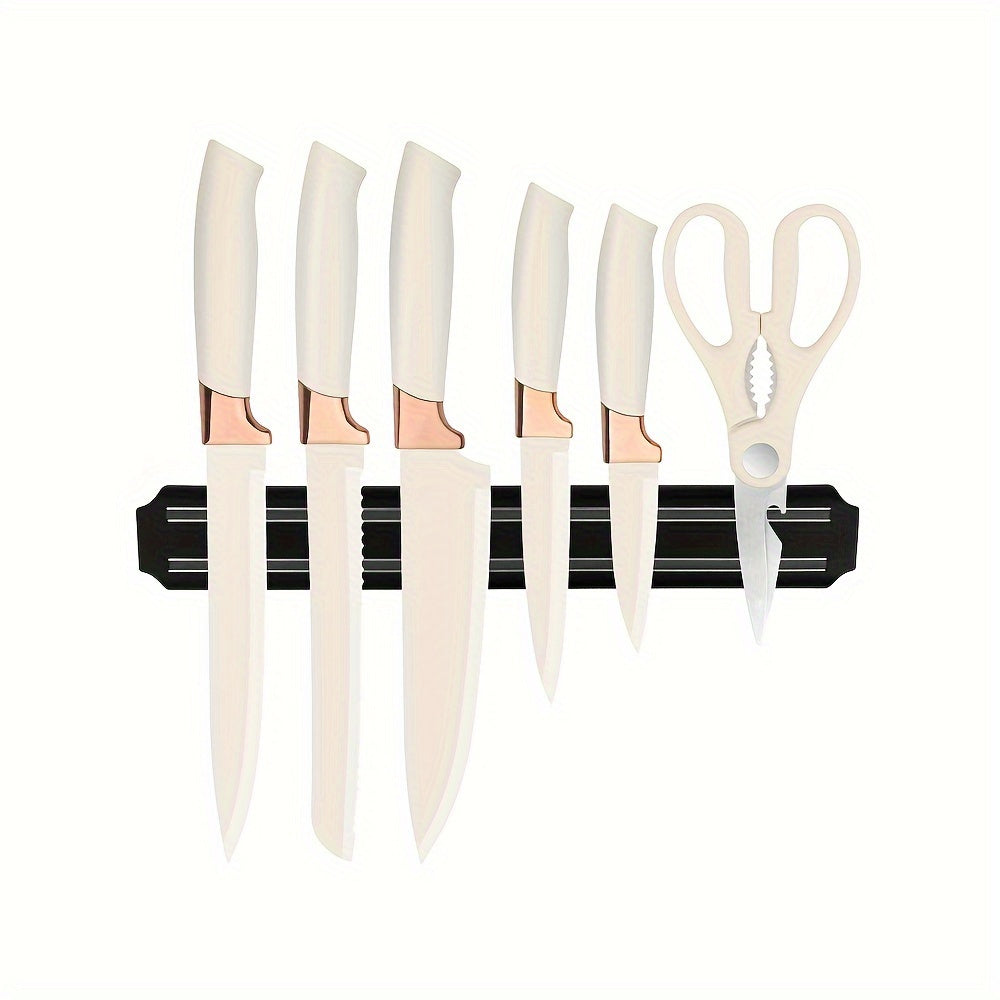 6/7 Piece Simple and Stylish Kitchen Knife Set - German Stainless Steel with Multi-Function Magnetic Knife Holder - Chef's Knife, Sushi Knife, Multi-Purpose Knife, Bread Knife, Fruit Knife, Scissors - Dishwasher Safe - For Home Cooks & Chefs - Perfect Gif