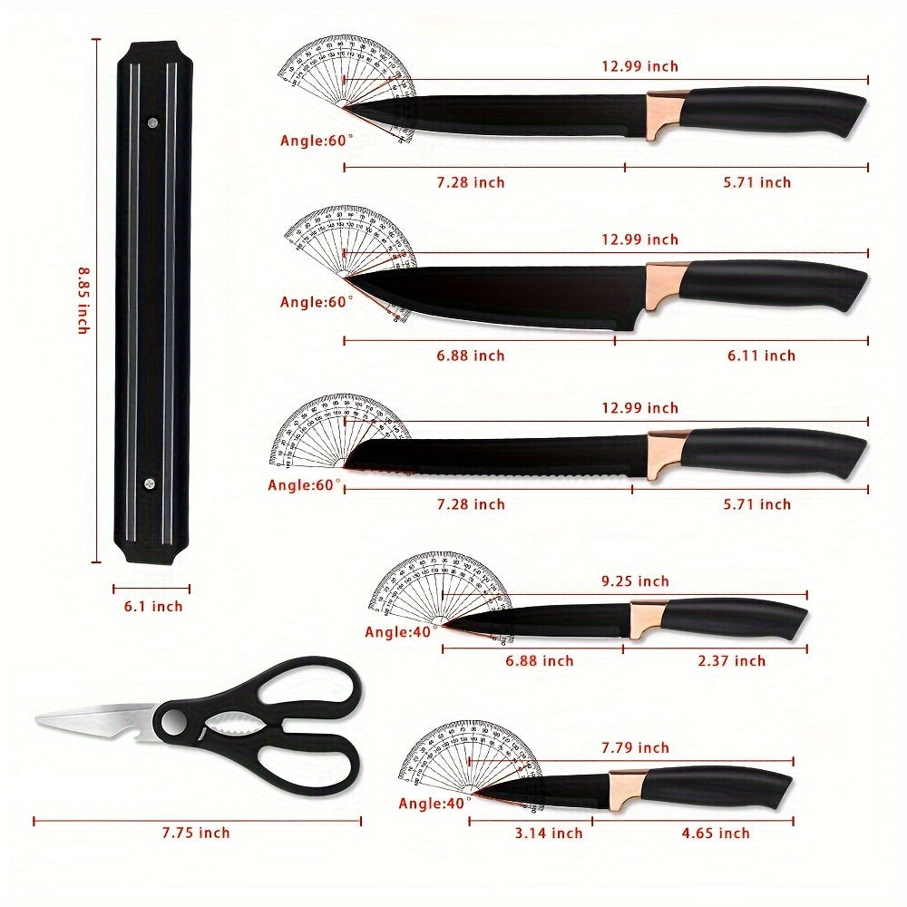 6/7 Piece Simple and Stylish Kitchen Knife Set - German Stainless Steel with Multi-Function Magnetic Knife Holder - Chef's Knife, Sushi Knife, Multi-Purpose Knife, Bread Knife, Fruit Knife, Scissors - Dishwasher Safe - For Home Cooks & Chefs - Perfect Gif