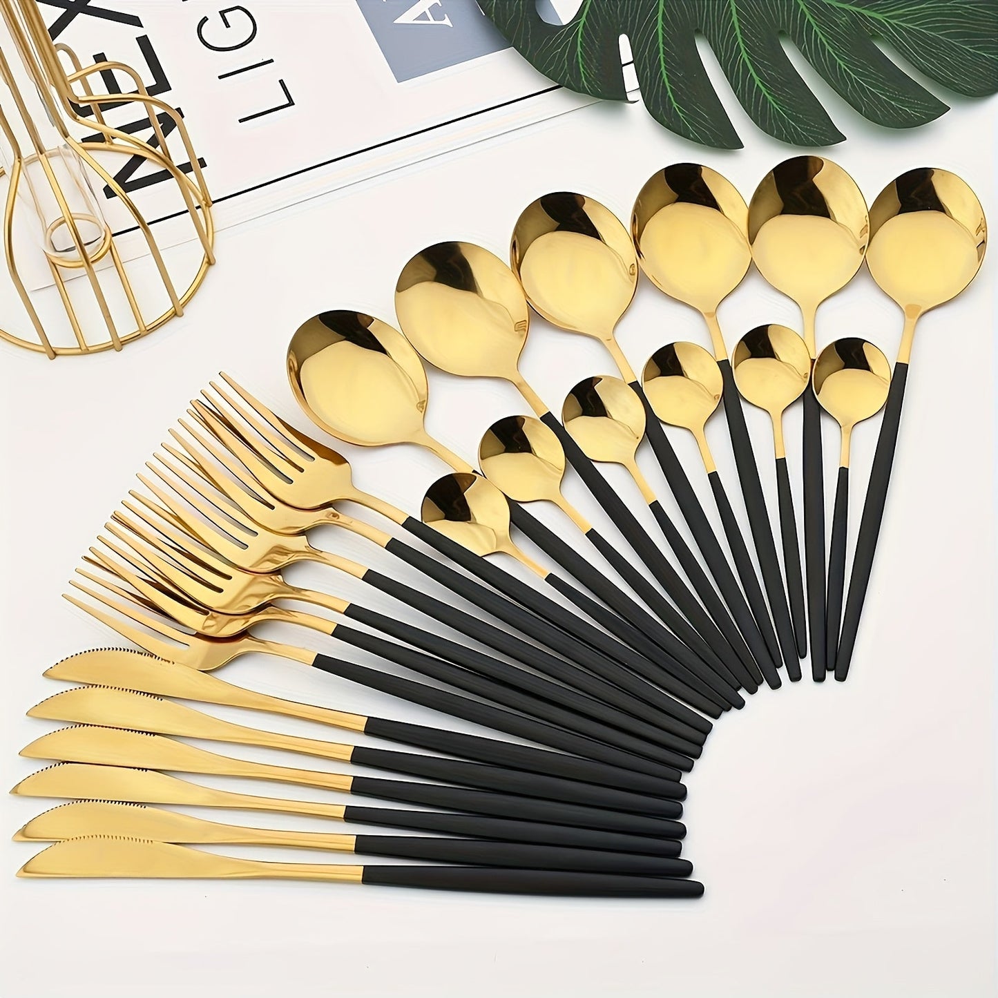 24pcs/set, 6-person Black And Gold Stainless Steel Cutlery Set, Including 6 Spoons, 6 Forks, 6 Knives And 6 Teaspoons, Suitable for Home And Restaurant Use, Dishwasher-safe, High-grade Steak Knife, Fork And Spoon for Weddings, Birthday Parties