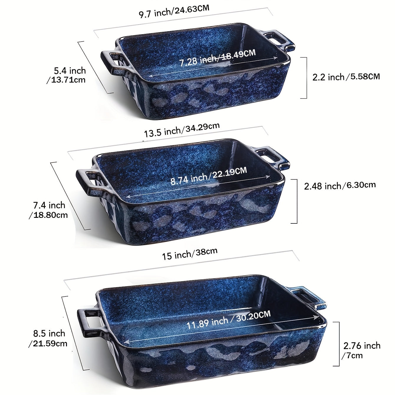 3pcs, Ceramic Bakeware Set, Porcelain Rectangular Lasagna Pans Casserole Dish Set For Kitchen, Cooking, Baking, Cake Dinner, Banquet And Daily Use, 15 X 8.5 Inches (Blue)