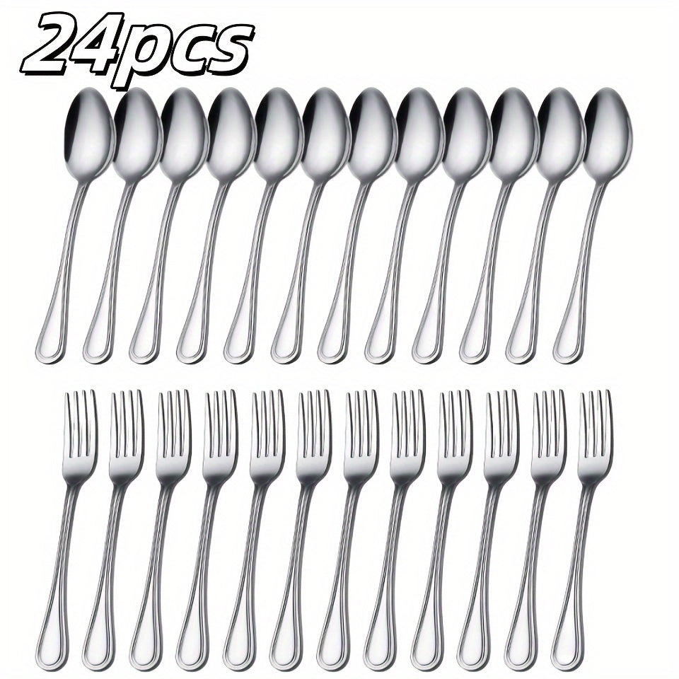 24pcs Forks And Spoons, Silvery Flatware Set - 12 Forks And 12 Spoons For Home, Kitchen, Restaurant, Hotel, Dishwasher Safe.