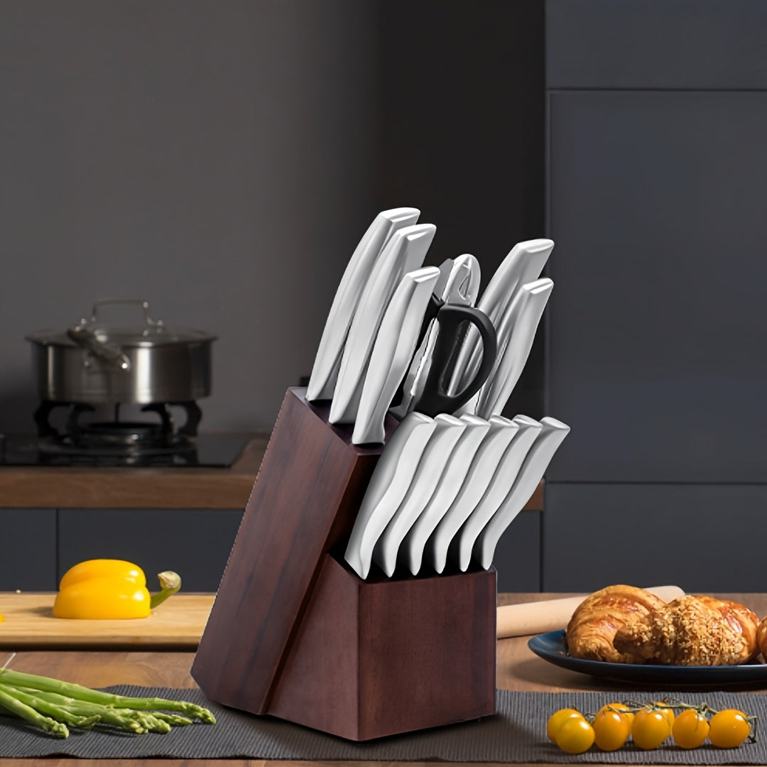 A 14-piece Knife Set With A Sharpener - Made Of German Stainless Steel, Featuring Serrated Steak Knives And Dishwasher-safe Kitchen Knives With Built-in Sharpener (premium Silvery)