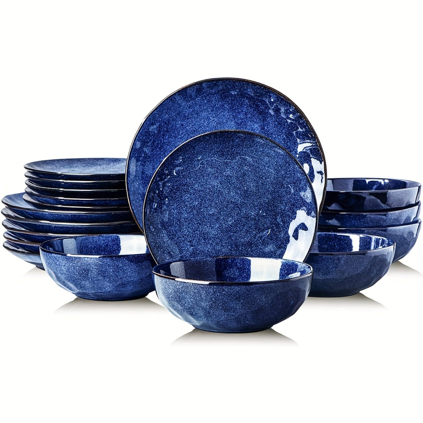 18-Piece Kitchen Dinnerware Set, Ceramic Fluted Dinner Plates, Salad Plates, Bowls Set, Microwave, Oven, and Dishwasher Safe, Scratch Resistant, Suitable for Home, Party, Restaurant (Blue)