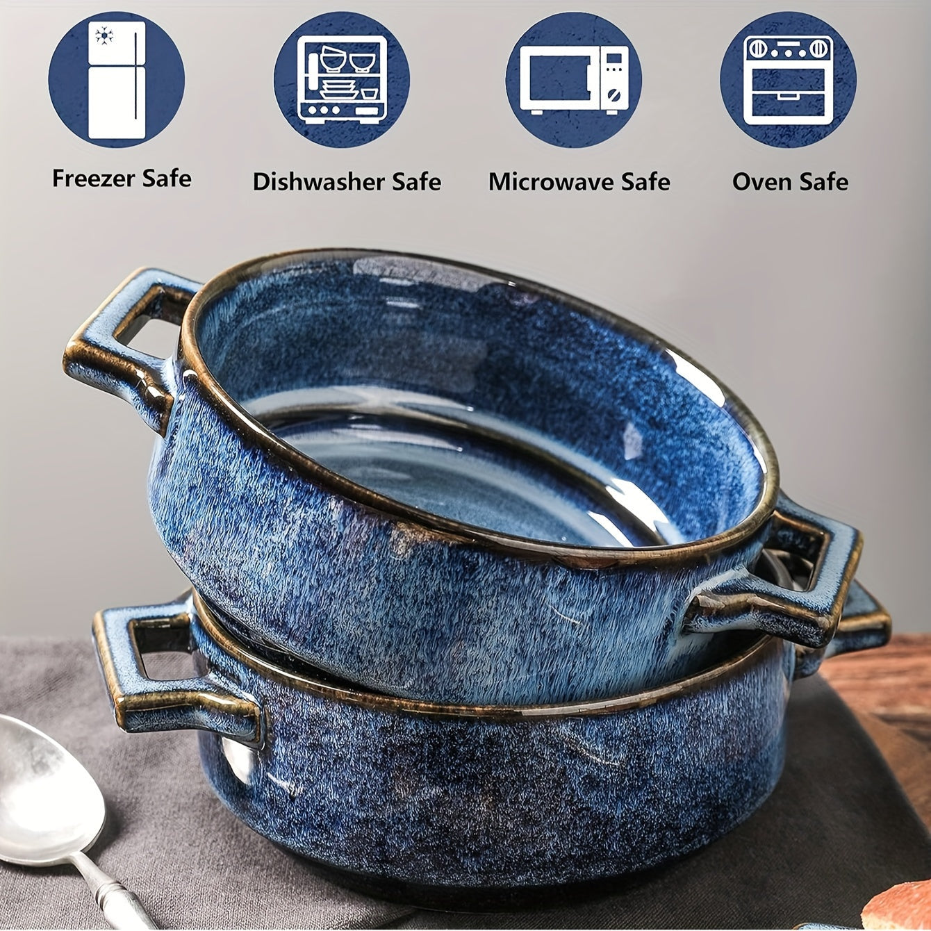 4pcs  Ceramic Soup Bowls With Handles, 24 Oz Porcelain Soup Crocks For French Onion Soup, Cereal, Beef Stew, Chill, Pasta, Pot Pies, Microwave And Oven Safe For Cafes/ Restaurants (Blue)