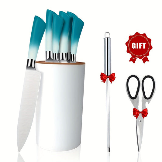 8PCS Minimalist Style Kitchen Knife Set, Super Sharp And Durable, Equipped With Universal Cylindrical Knife Holder, Chef Knife, Bread Knife, Utility Knife, Integrated Knife Body, All Stainless Steel, Free Kitchen Scissors And Knife Sharpener