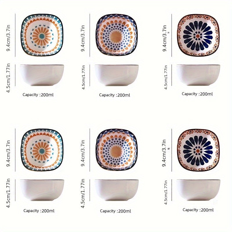 Bohemian Style Ceramic Bowl Set of 6, 6.8 Oz Exquisite And Compact Spice Bowls, Heat-Resistant And Microwave-Safe, Suitable for Salad, Sushi, Fruit, Seasoning, Appetizers, And for Use in Kitchens, Restaurants, And Sushi Shops