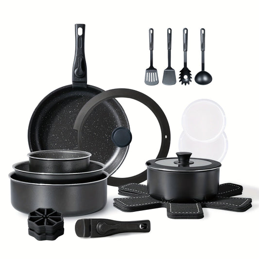 24pcs Kitchen Pots and Pans Set, Nonstick Cookware Sets with Detachable Handles, Healthy Kitchen Cooking Sets, Stackable RV Cookware, Dishwasher/Oven Safe, with Frying Pans & Saucepans, White and Black