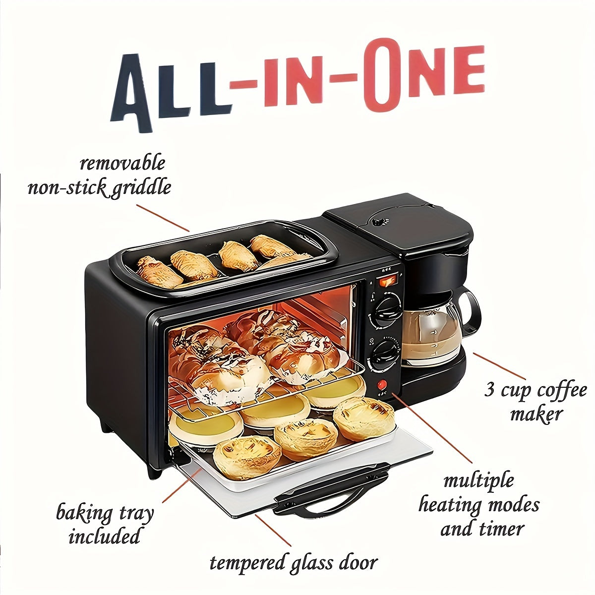 3-in-1 Multi-Functional With Timer Breakfast Station - Portable Toaster Oven With Non-Stick Die-Cast Grill/Griddle, Frying Pan, And Coffee Machine/Tea Kettle - Space-Saving, Compact Design For Easy Cooking And Cleaning