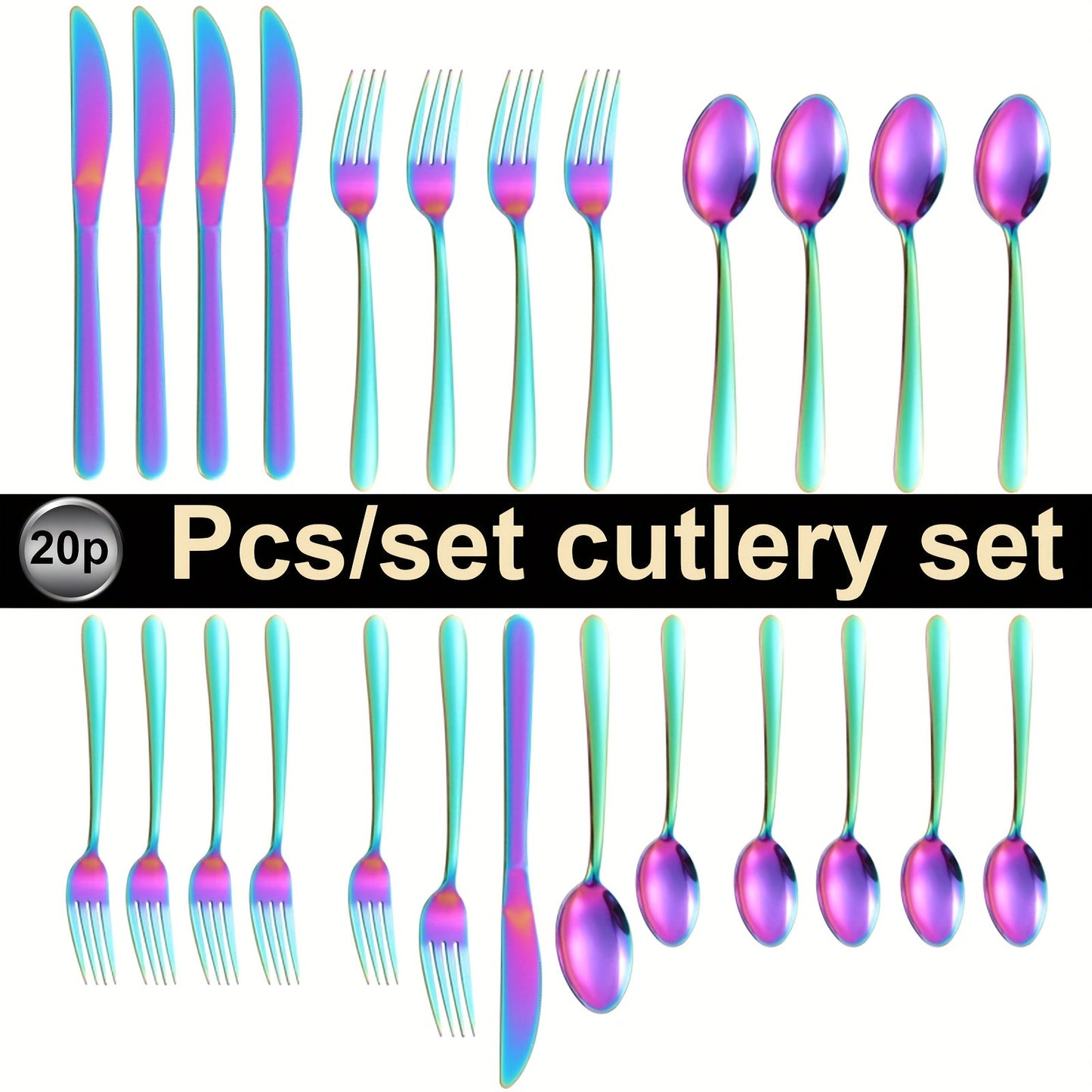 20pcs Stainless Steel Cutlery Set - Modern, Durable, Checkered Pattern, Dishwasher Safe, Comfortable Grip, for 4, Includes Knife, Spoon, Fork, Ideal for Home, Kitchen, Restaurant, Party Use, Food Service Equipment & Supplies