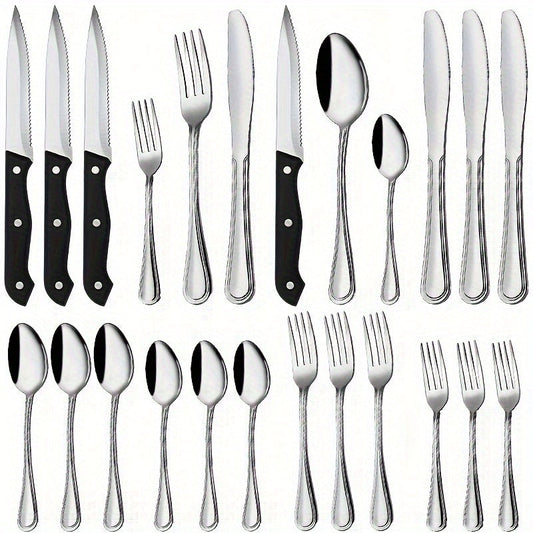 24pcs Silverware Set for 4, Stainless Steel Flatware Cutlery Set with Steak Knives, Stain Finish Kitchen Utensil Tableware Set, Includes Spoons Forks Knives for Home Hotel, Dishwasher Safe