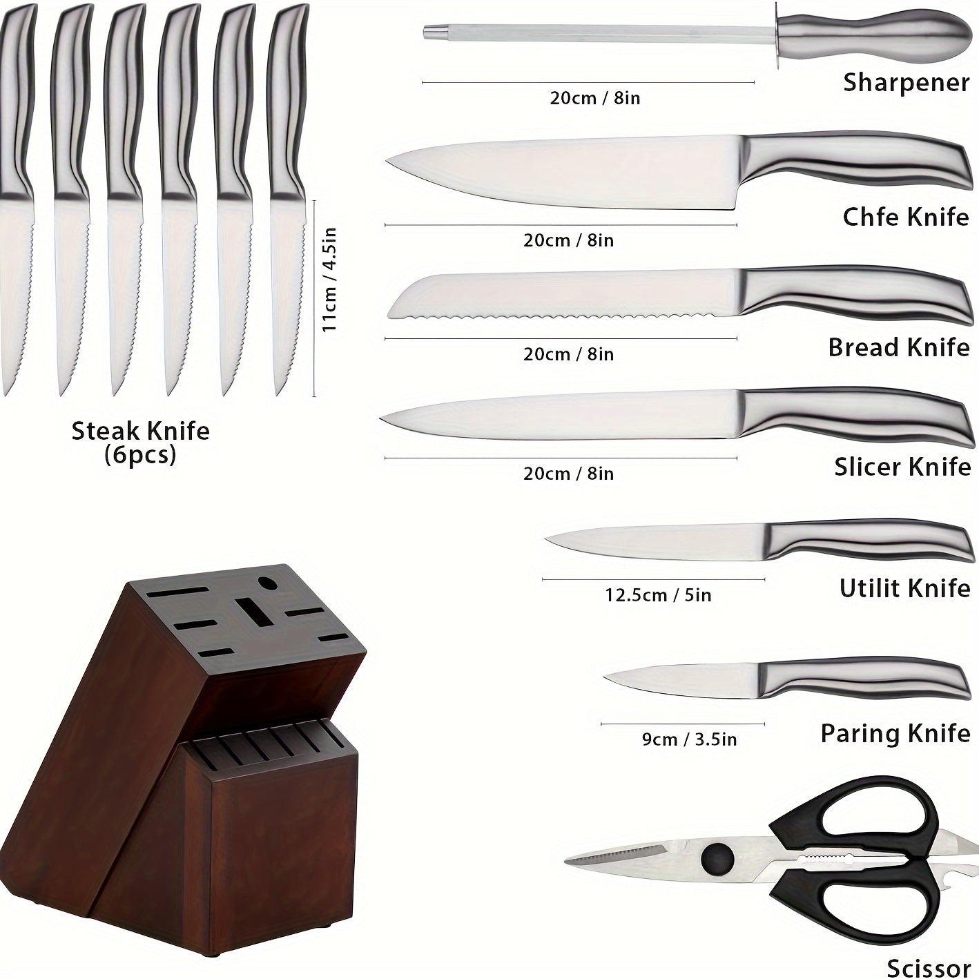 A 14-piece Knife Set With A Sharpener - Made Of German Stainless Steel, Featuring Serrated Steak Knives And Dishwasher-safe Kitchen Knives With Built-in Sharpener (premium Silvery)