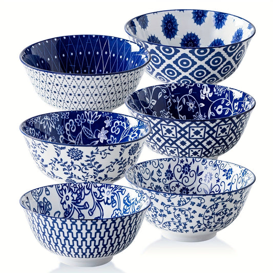 6pcs, Ceramic Soup Bowls Set, 24oz, Porcelain Deep Cereal Bowl, 6in, Large Kitchen Dinner Bowl for Eating Salad, Pasta, Dessert, Noodle, Rice, Oatmeal, Microwave Dishwasher Oven Safe, Valentine's Day, Wedding, Blue And White/Assorted Colors