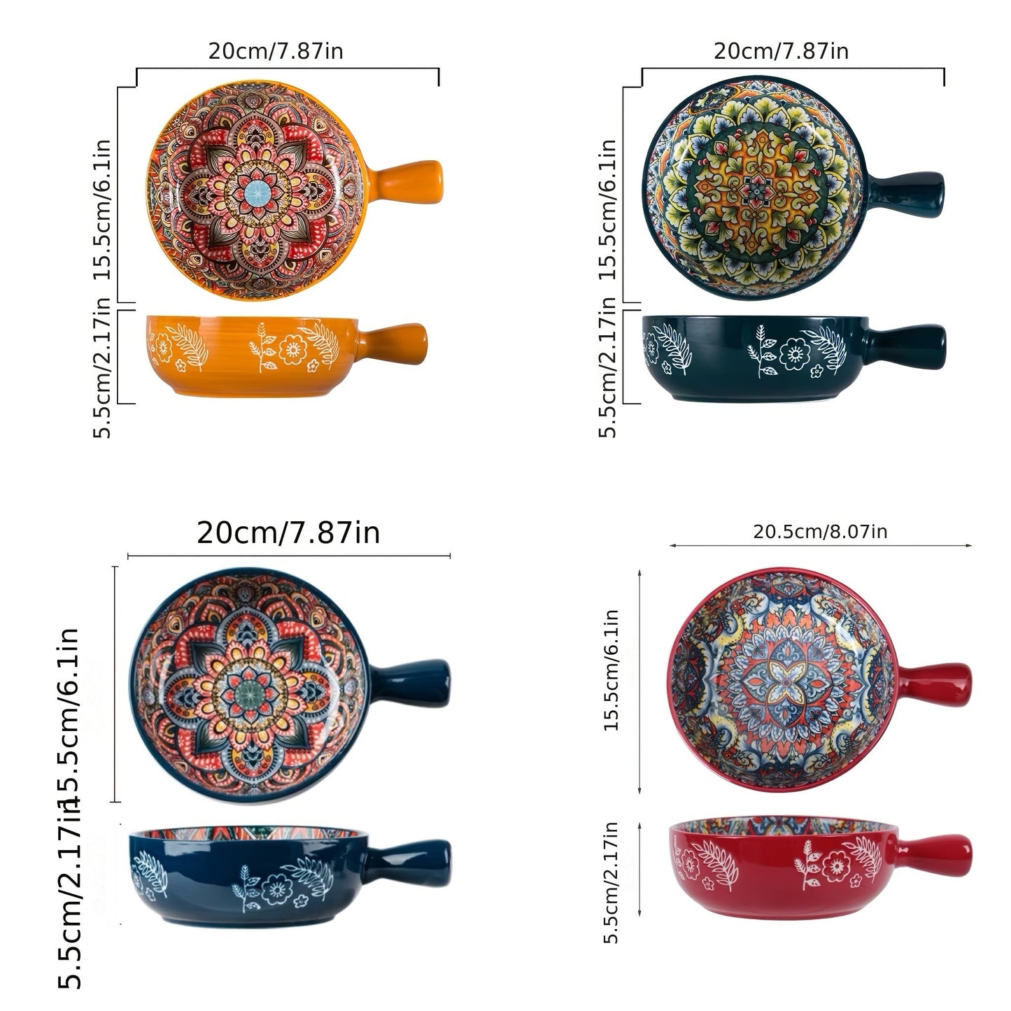 4-pack Boho Handle Bowl, Ceramic Salad Bowl With Mixed Colors, Hand-painted Bowl, 6-inch Round Dessert Bowl - A Great Addition To The Furniture Kitchen, Perfect As A Gift For Family, Colleagues, Friends, Etc. Microwave, Dishwasher Safe.