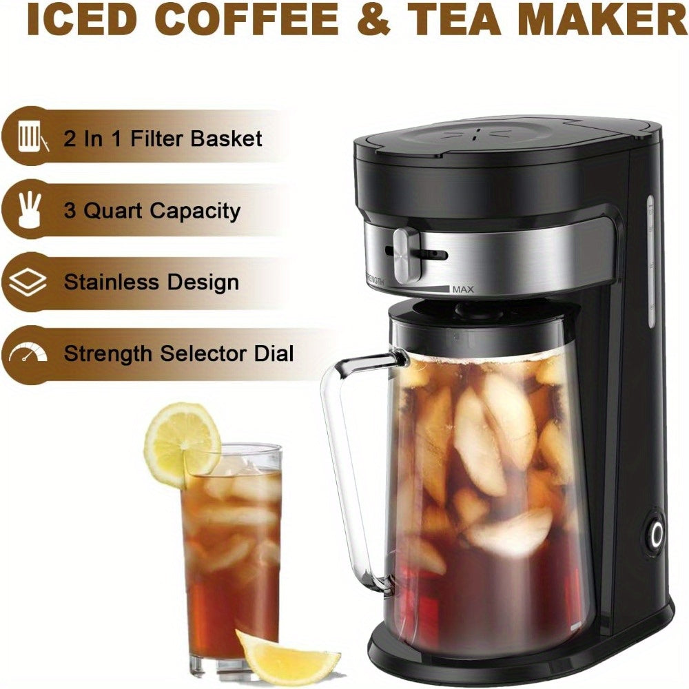 Stainless Steel Iced Tea & Coffee Maker with 2.5-quart Glass Pitcher - Customizable Brew Strength, Food-Safe, for Hot & Cold Beverages, Sleek Black Design