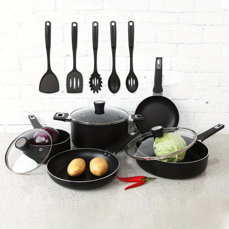 13pcs Aluminum Non-Stick Cookware Set, Black with Non-Stick Coating on The Inside. Aluminum Pans for Fast And Even Heating, Suitable for All Stovetops Except Induction, Dishwasher Safe