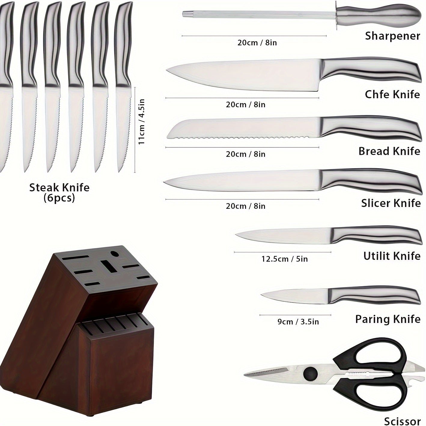 14 Piece Kitchen Knife Set, High Carbon Stainless Steel Knife Set With Sharpener, Serrated Steak Knife, Knife Rack Knife Set With Wooden Knife Holder, Dishwasher Safe, Ergonomic Handle Design, High Carbon Stainless Steel, Professional Chef Knife Set