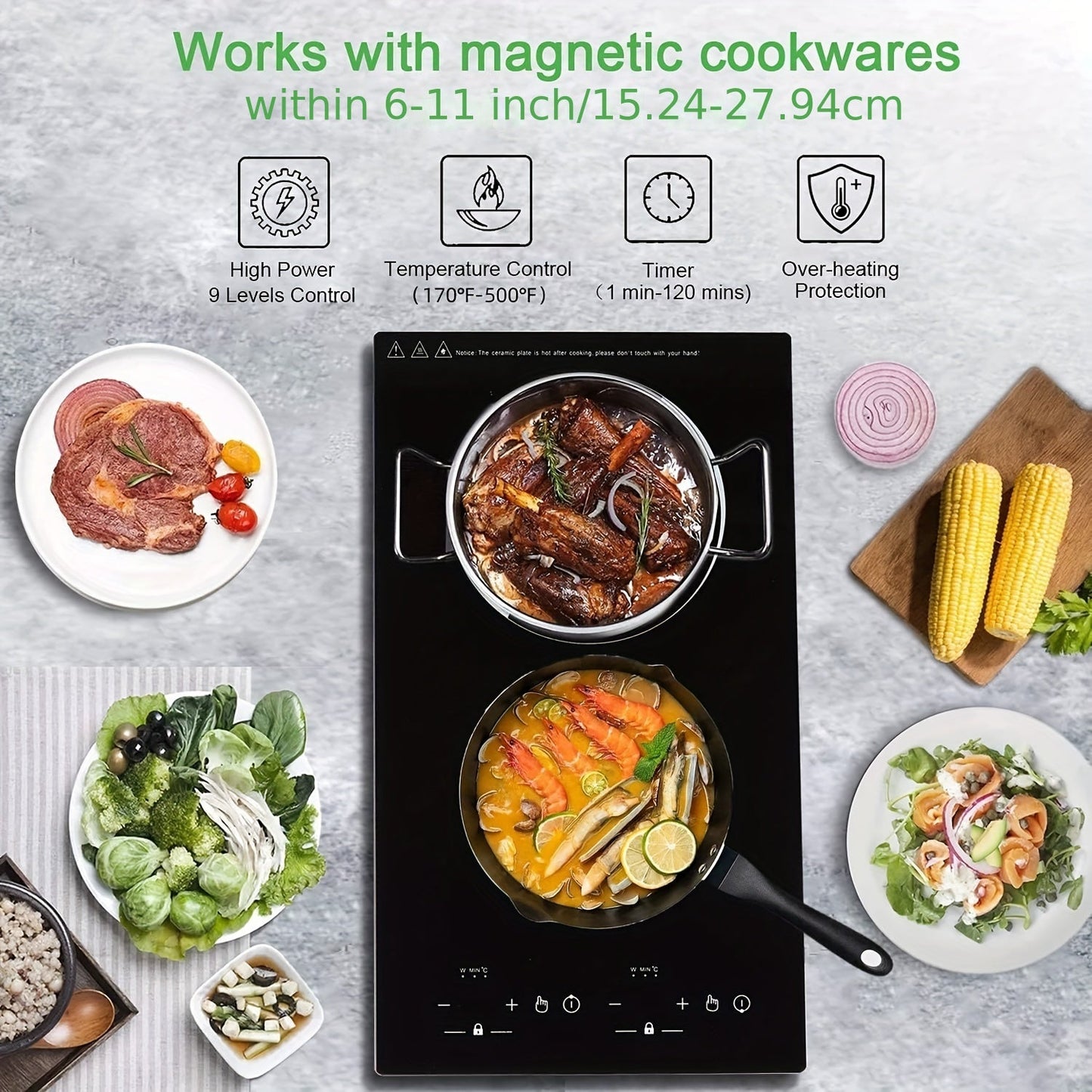 [Touchsensitive Interface] Dual Burner Induction Cooktop, 120V, 9 Heat Settings & Timer - Sleek Black, Youngsters-Safe, Overheat Protection, Compatible with Magnetic Cookware, Easy to Install, Perfect for Quick Meal Prep