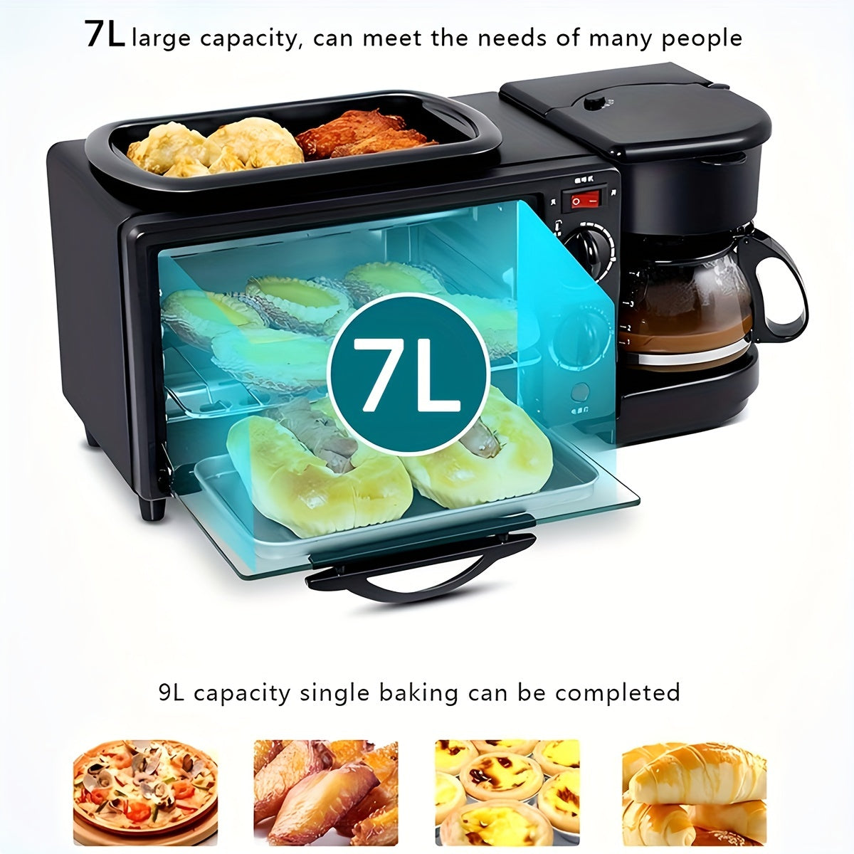 3-in-1 Multi-Functional With Timer Breakfast Station - Portable Toaster Oven With Non-Stick Die-Cast Grill/Griddle, Frying Pan, And Coffee Machine/Tea Kettle - Space-Saving, Compact Design For Easy Cooking And Cleaning