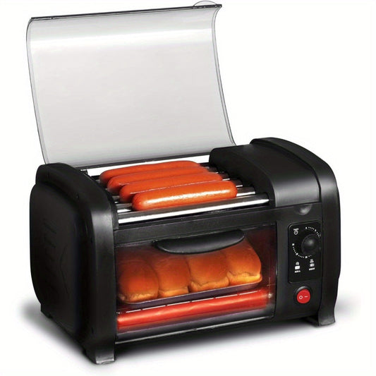 051B Hot Dog Toaster Oven, 30-Min Timer, Stainless Steel Heat Rollers Bake & Crumb Tray, World Series Baseball, 4 Bun Capacity, Black