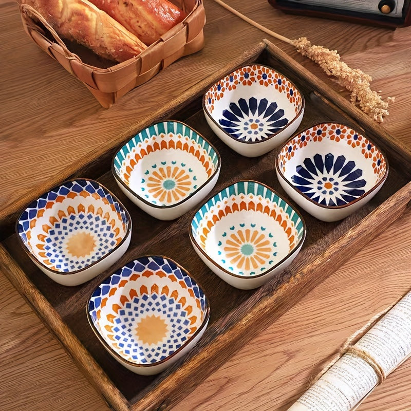 Bohemian Style Ceramic Bowl Set of 6, 6.8 Oz Exquisite And Compact Spice Bowls, Heat-Resistant And Microwave-Safe, Suitable for Salad, Sushi, Fruit, Seasoning, Appetizers, And for Use in Kitchens, Restaurants, And Sushi Shops