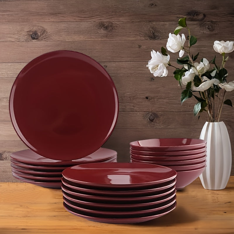 18pcs Dinnerware Set - Red Stoneware Tableware - Plates And Bowls - For Home, Kitchen, Restaurant, Hotel - Perfect for Everyday Dining & Entertaining - Great Gift for Housewarming & New Home