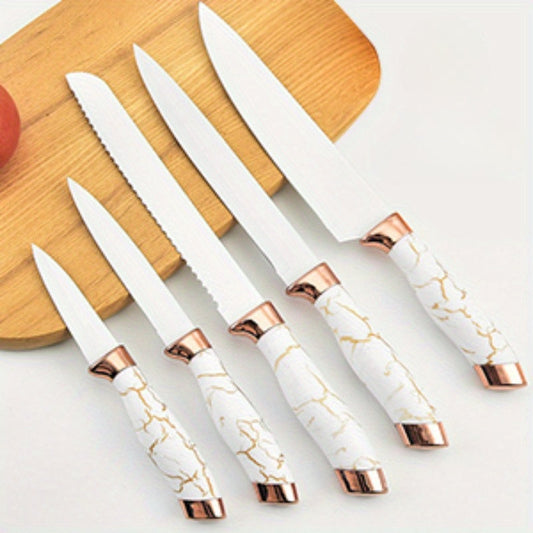 6pcs, Kitchen Knife Set, Knife With Block, Stainless Steel Knivese With Chef, Bread Knife, Kitchen Scissors For Cutting Meat Vegetables Fruit Bread, White