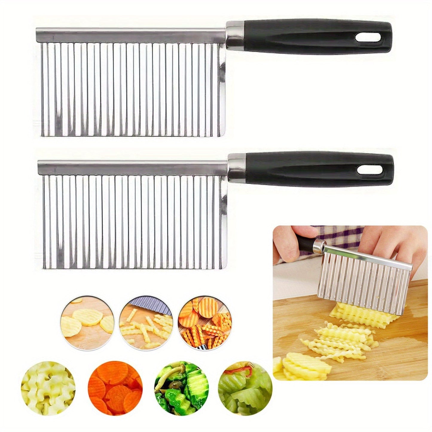 1/2PCS Multifunctional Potato Wavy Edged Knife Stainless Steel Chopper salad Rocker Knife Potato Slicer Chopper French Fry Maker Cutter circular cutter Gadget Vegetable Fruit Cutting