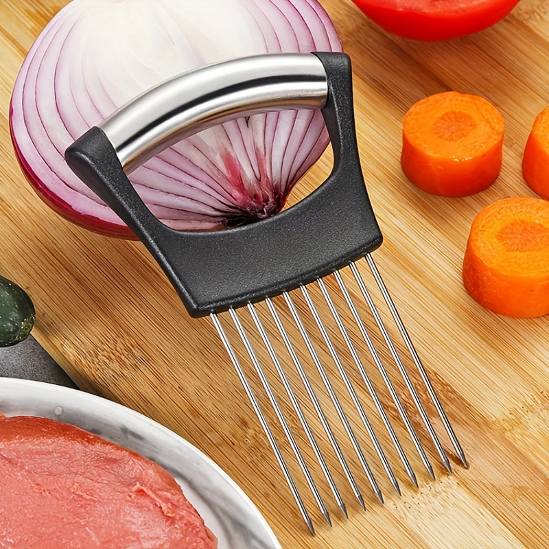 [Vegetable Preparation] Stainless Steel Onion Slicer Holder with Black Handle - Easy-Grip Vegetable Cutter & Meat Chopper for Perfect Potato, Tomato, and Garlic Slices - Essential Kitchen Tool for Home Cooking, Vegetable Slicer And Chopper